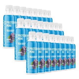 Multiple bottles of Celebrate Protein Mini Grape flavor on a white background