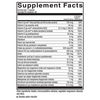 Supplement facts for Celebrate's prenatal multivitamin  capsules in a 60 count bottle